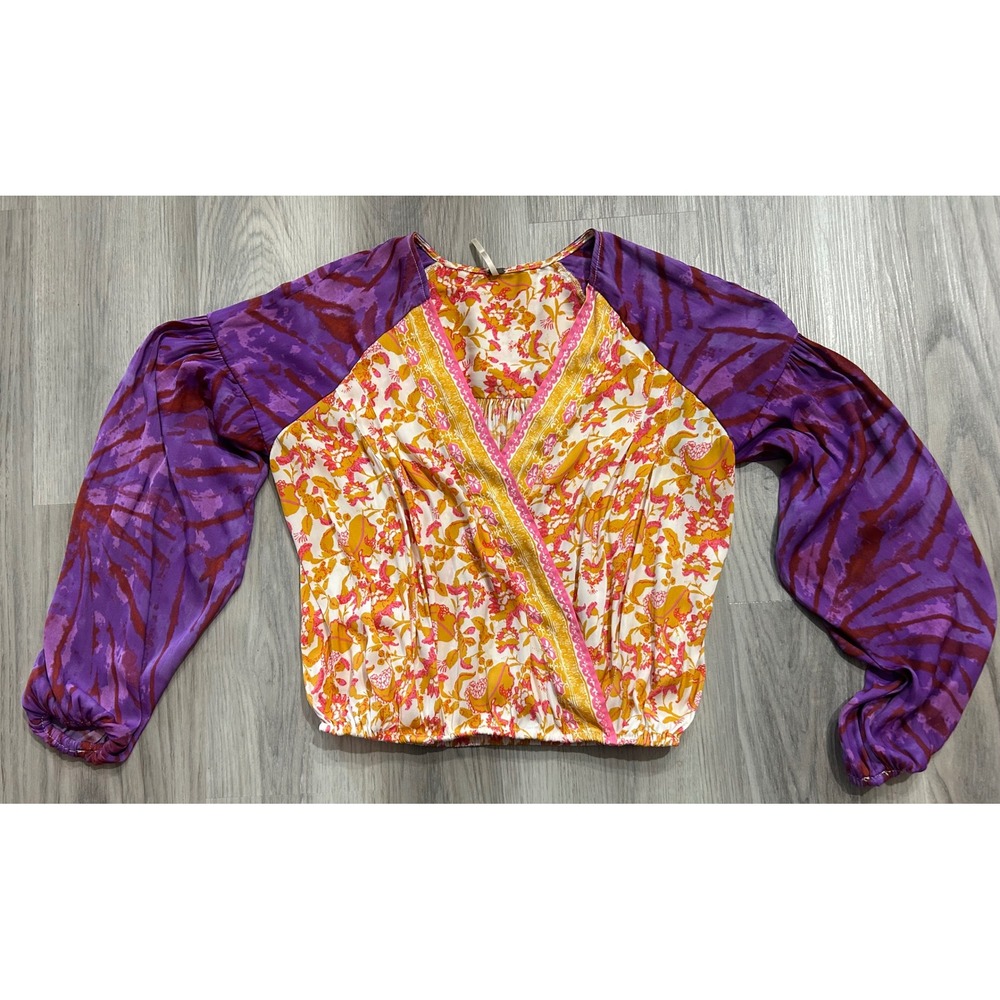 Free People Mixed Floral Tie Dye Surplice Blouse Purple Yellow Small  boho